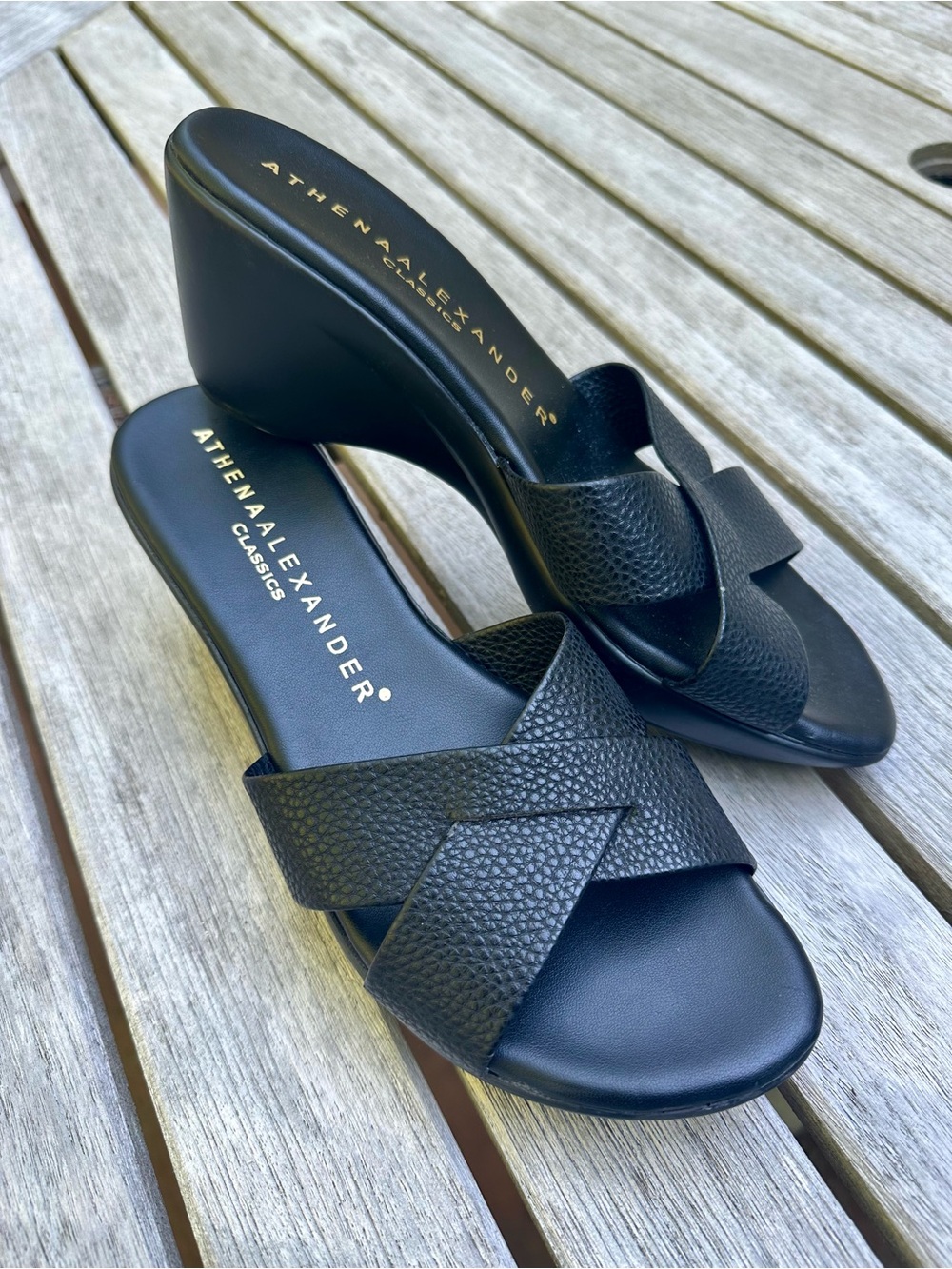 Athena Alexander Black Crossover Wedge Sandals